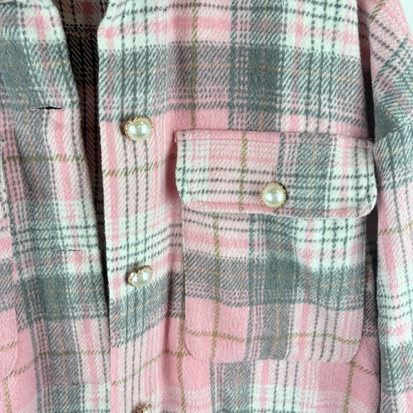 Forever 21 Women Pink Gray Plaid Plaid Pearl Button Shacket Shirt Jacket Small - Picture 2 of 5